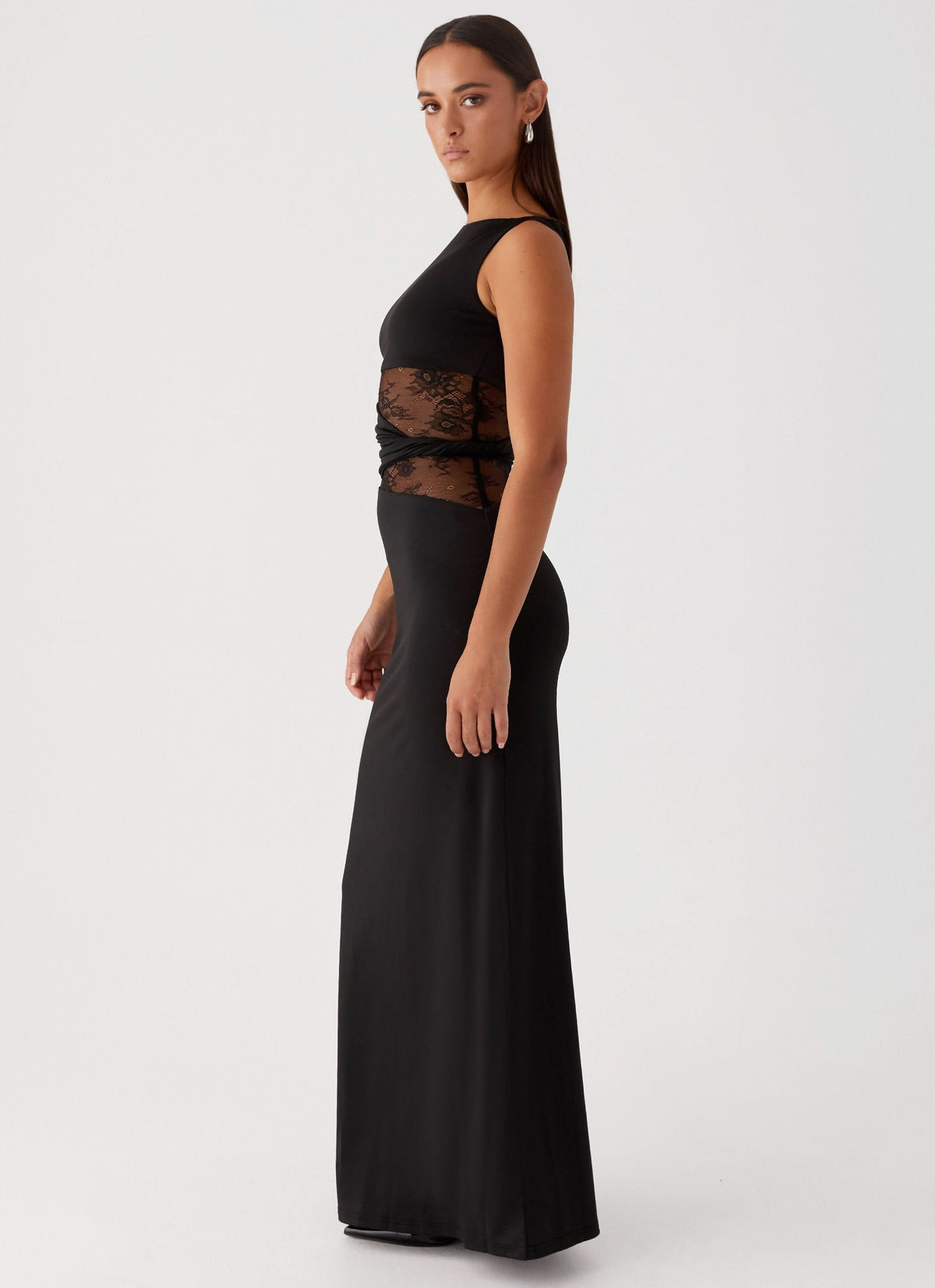 Boat Neck Lace Insert Waist Cutout Draped Twist Maxi Gown