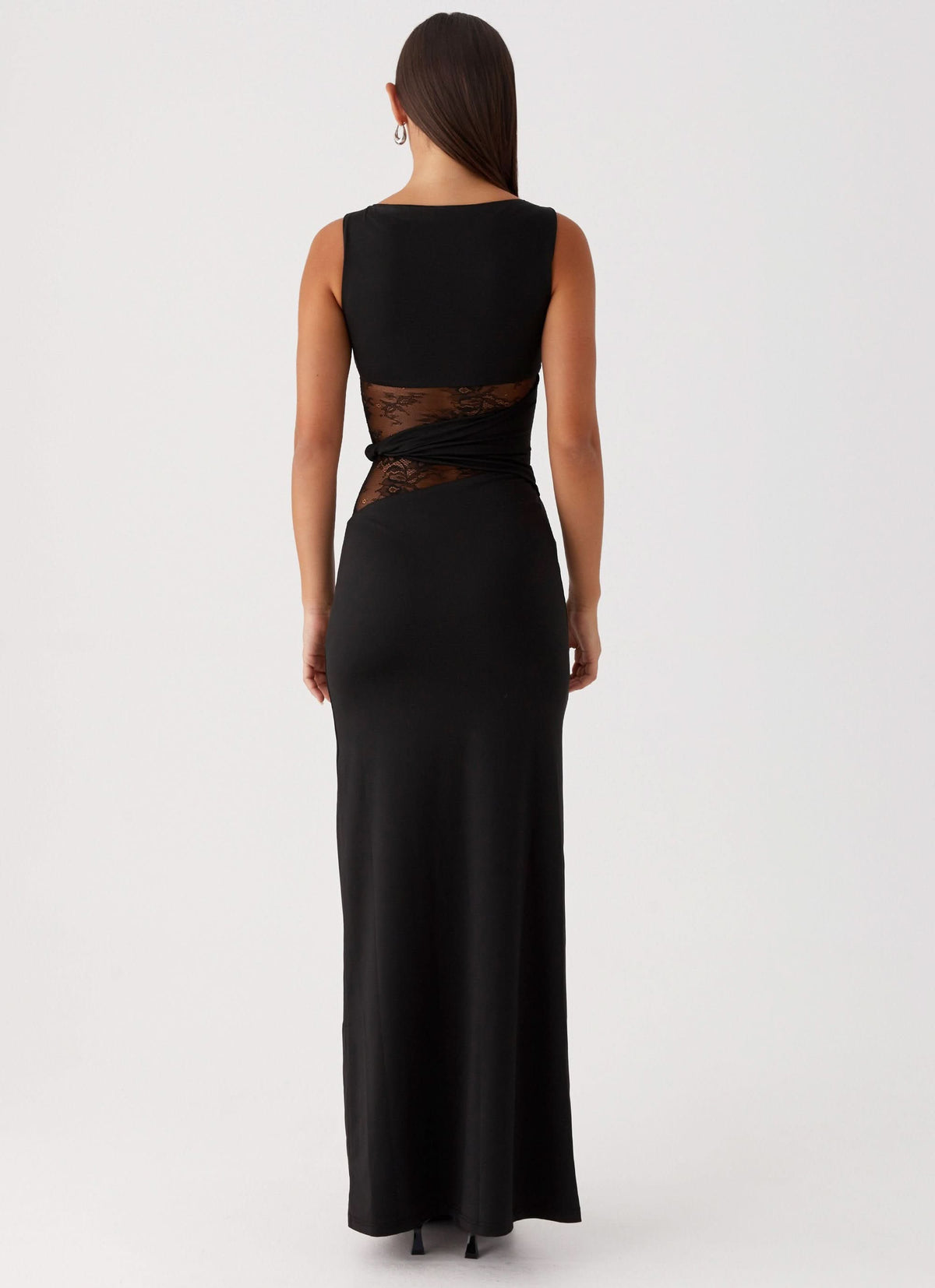 Boat Neck Lace Insert Waist Cutout Draped Twist Maxi Gown