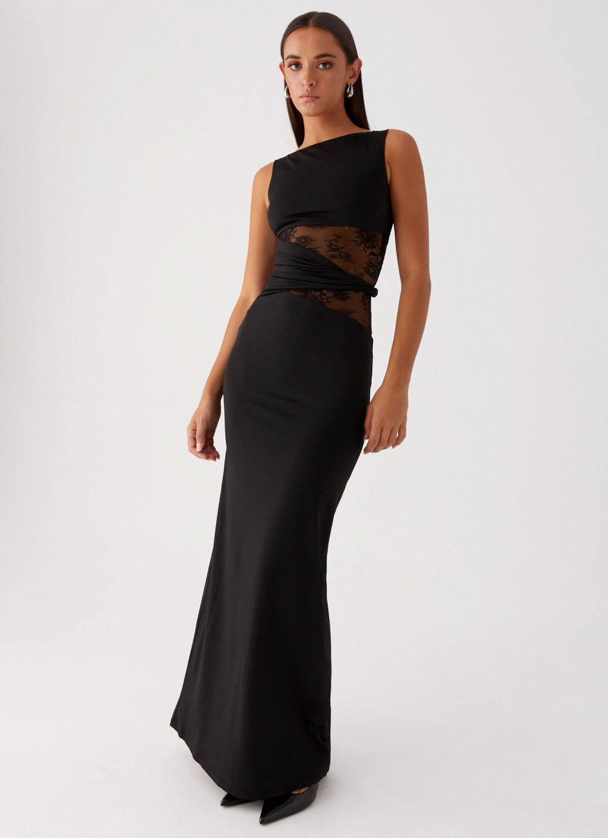 Boat Neck Lace Insert Waist Cutout Draped Twist Maxi Gown