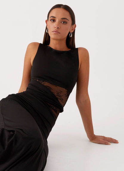 Boat Neck Lace Insert Waist Cutout Draped Twist Maxi Gown