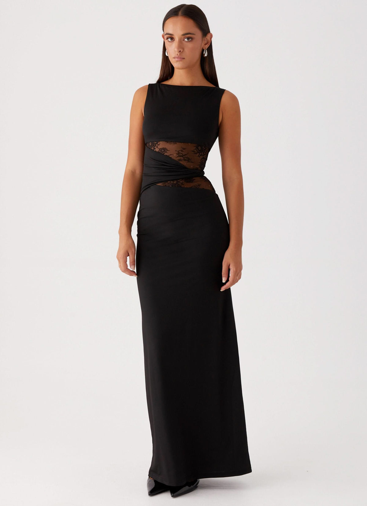 Boat Neck Lace Insert Waist Cutout Draped Twist Maxi Gown