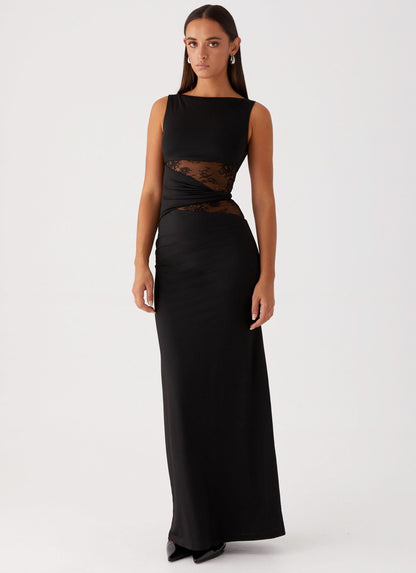 Boat Neck Lace Insert Waist Cutout Draped Twist Maxi Gown