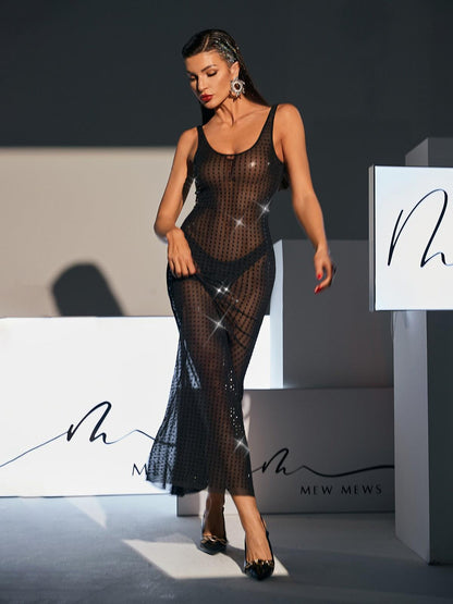 Scoop Neck Rhinestone Mesh Tank Maxi Dress