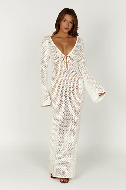 Crochet Knit V-Neck Keyhole Ring Link Flared Sleeve Maxi Dress