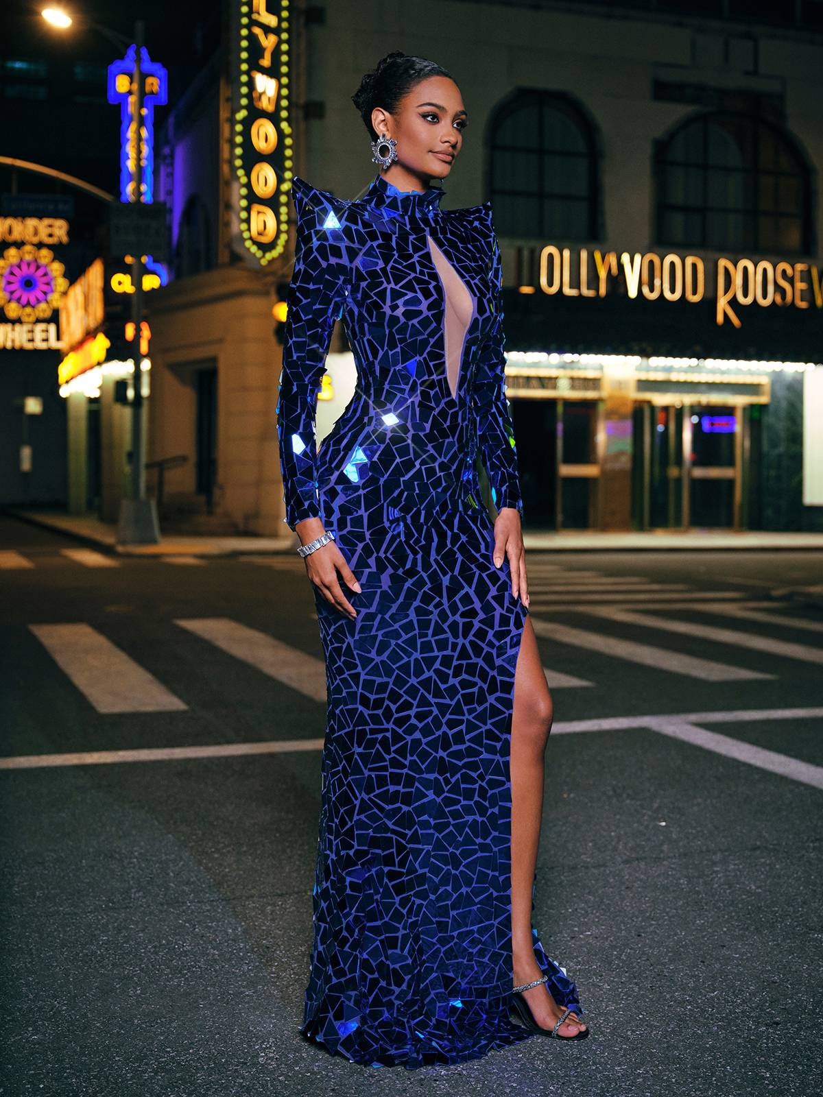 Long Sleeve Embellished Split Column Maxi Dress