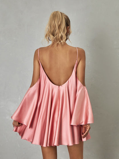 Cold Shoulder Spaghetti Strap Tiered Bell Sleeve Satin Mini Dress