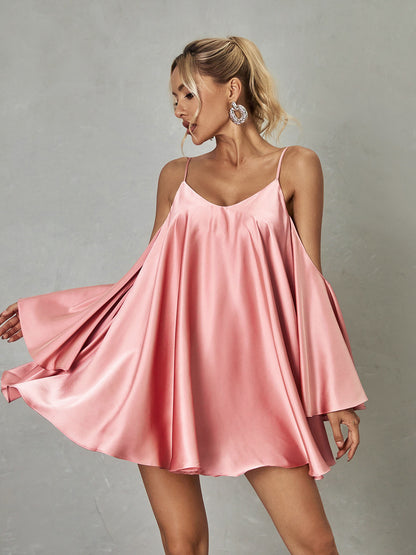 Cold Shoulder Spaghetti Strap Tiered Bell Sleeve Satin Mini Dress