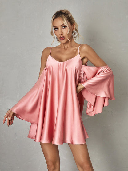 Cold Shoulder Spaghetti Strap Tiered Bell Sleeve Satin Mini Dress