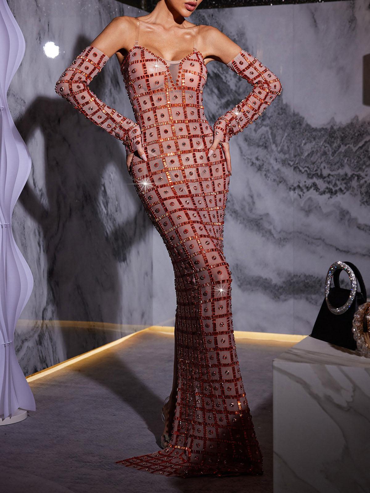 Sweetheart Sheer Mesh Grid Rhinestone Column Maxi Gown With Matching Arm Warmers