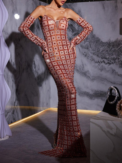 Sweetheart Sheer Mesh Grid Rhinestone Column Maxi Gown With Matching Arm Warmers