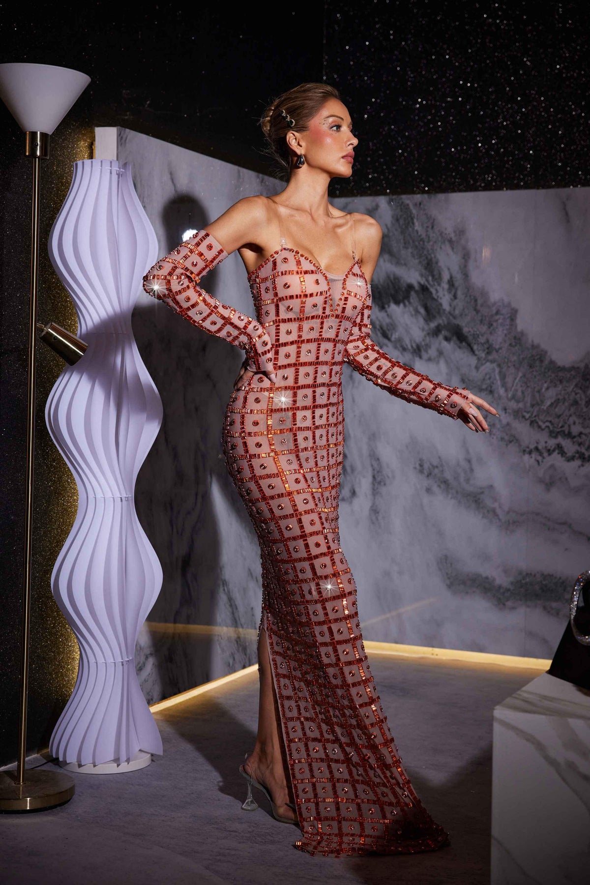 Sweetheart Sheer Mesh Grid Rhinestone Column Maxi Gown With Matching Arm Warmers