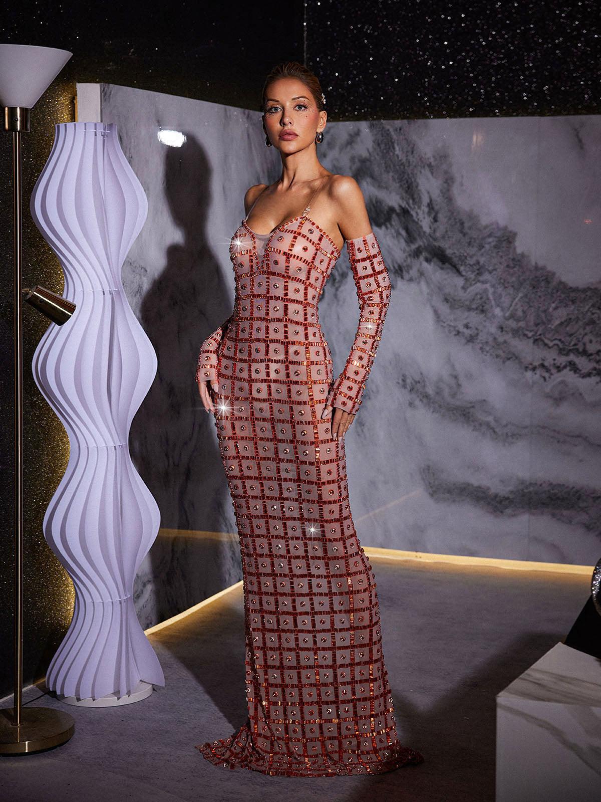 Sweetheart Sheer Mesh Grid Rhinestone Column Maxi Gown With Matching Arm Warmers