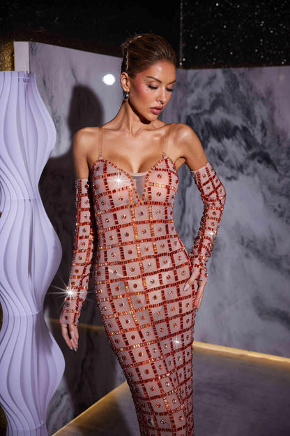 Sweetheart Sheer Mesh Grid Rhinestone Column Maxi Gown With Matching Arm Warmers