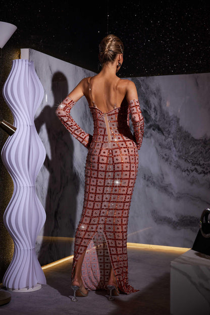 Sweetheart Sheer Mesh Grid Rhinestone Column Maxi Gown With Matching Arm Warmers