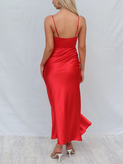 Satin Cowl Neck Corset Bodice Spaghetti Strap High Slit Midi Dress