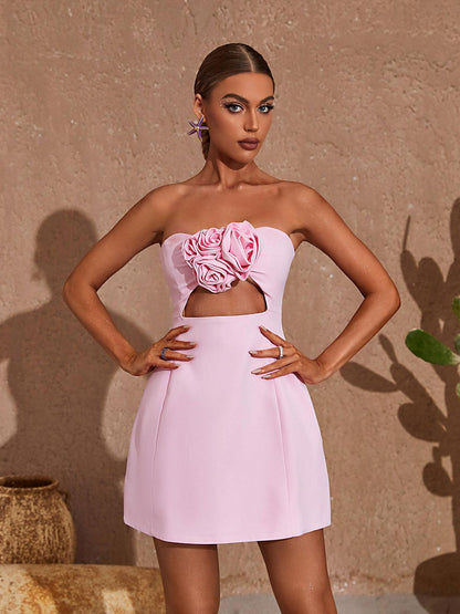Strapless Rosette Applique Bust Cutout Structured A-Line Mini Dress