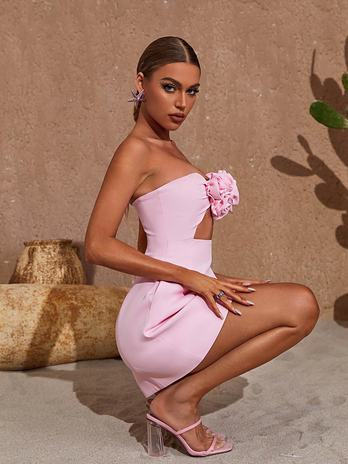 Strapless Rosette Applique Bust Cutout Structured A-Line Mini Dress