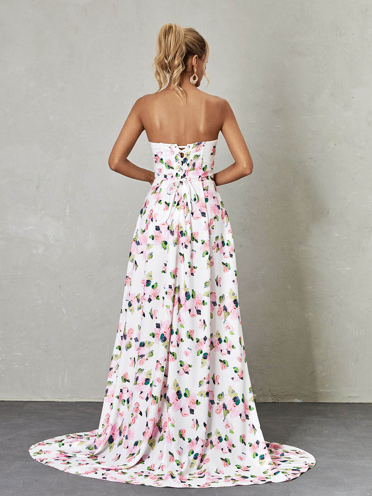 Strapless Corset Sweetheart Floral Print High Slit Maxi Dress