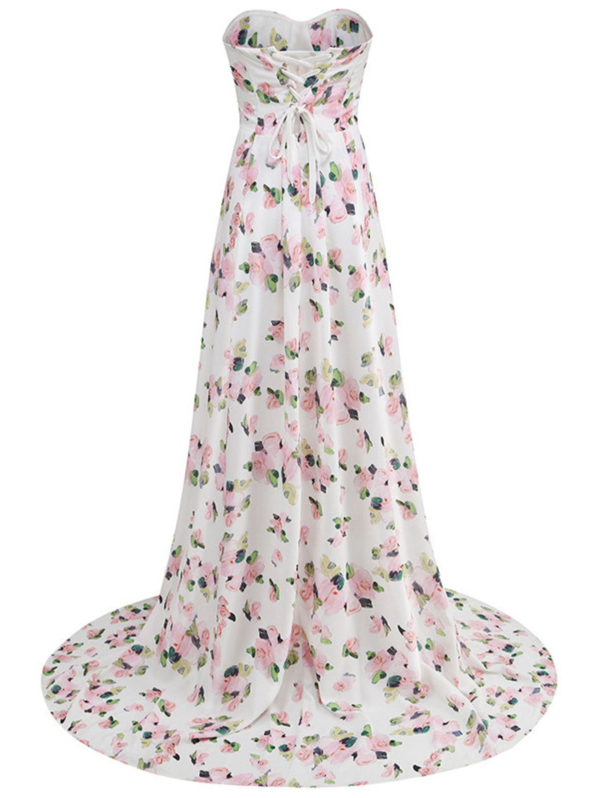 Strapless Corset Sweetheart Floral Print High Slit Maxi Dress