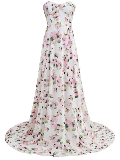 Strapless Corset Sweetheart Floral Print High Slit Maxi Dress