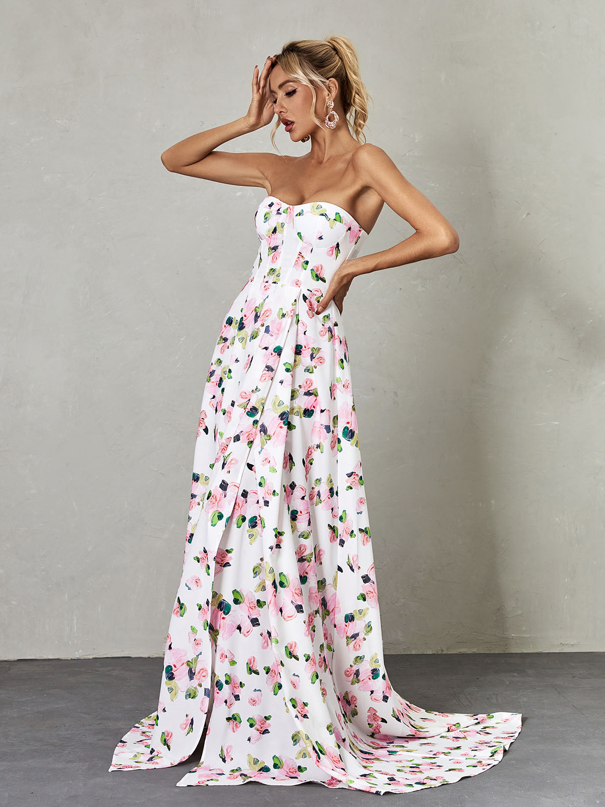 Strapless Corset Sweetheart Floral Print High Slit Maxi Dress