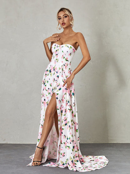 Strapless Corset Sweetheart Floral Print High Slit Maxi Dress