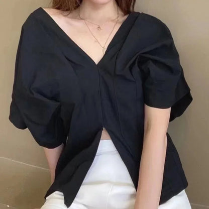Korean Ruffle Design V-neck Short Sleeve Casual Blouse