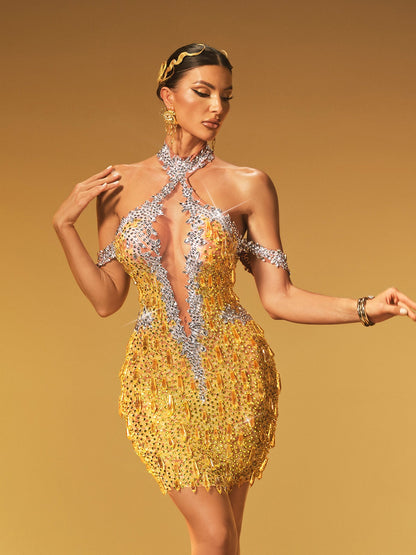 Halter Deep V-Neck Shoulder Cutout Crystal Mesh Mini Dress