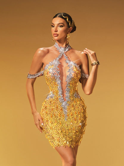 Halter Deep V-Neck Shoulder Cutout Crystal Mesh Mini Dress