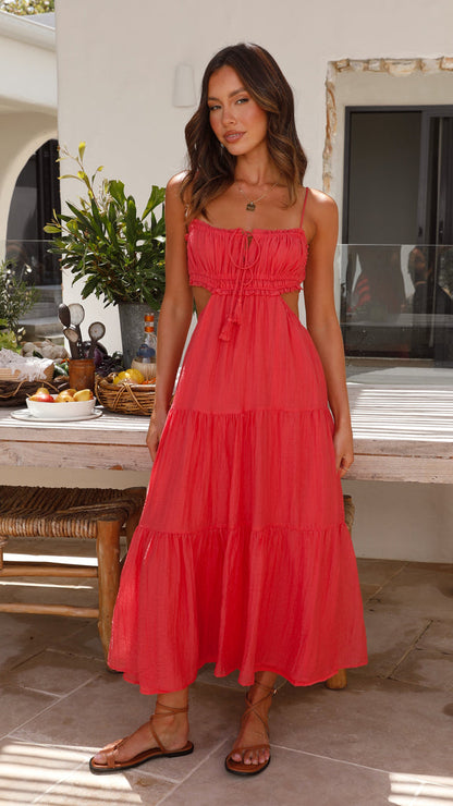 Ruched Ruffle Trim Tie Front Side Cut Out Tiered Spaghetti Strap Maxi Dress