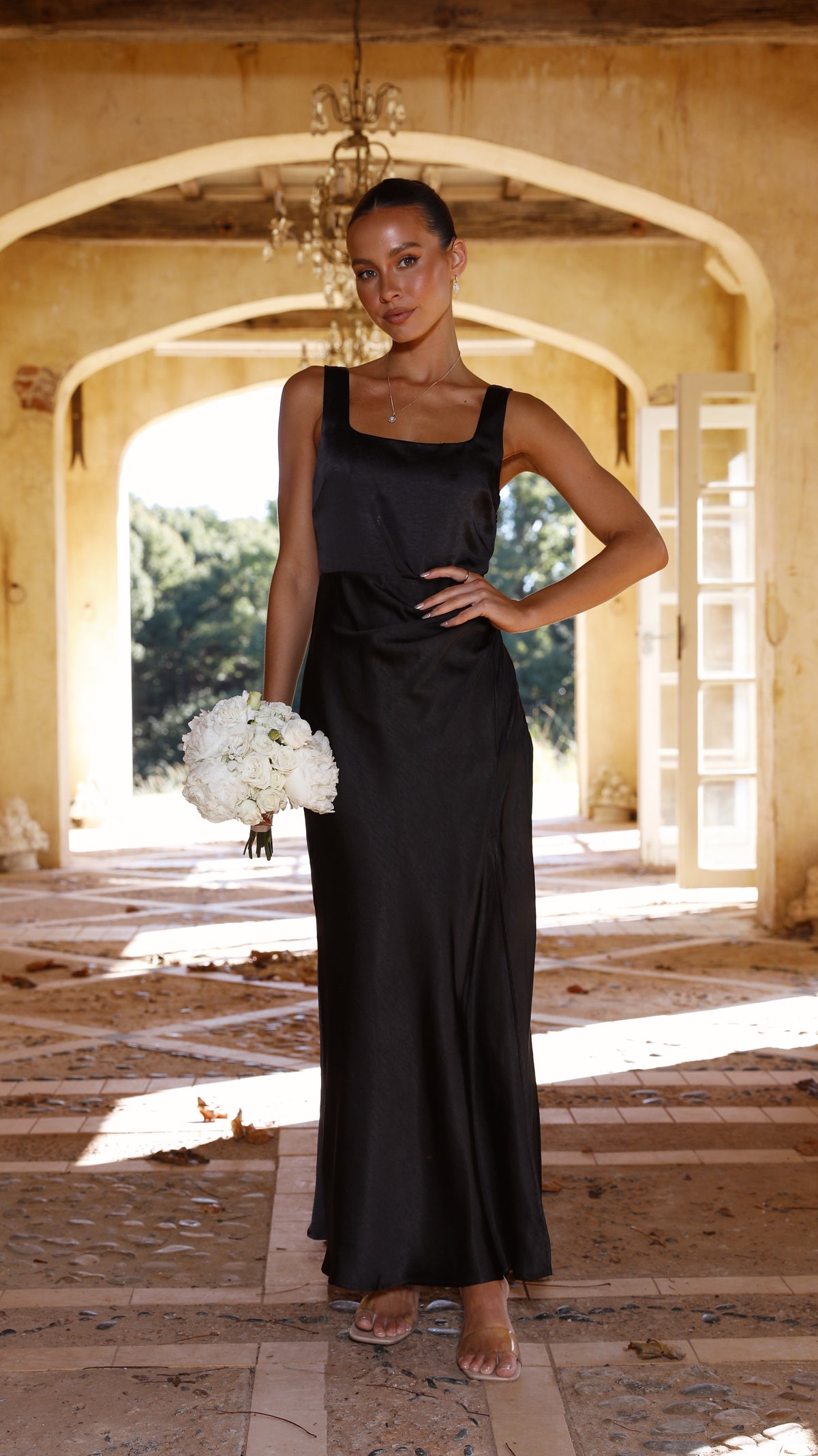 Satin Square Neck Wide Strap Side Slit Slip Maxi Dress