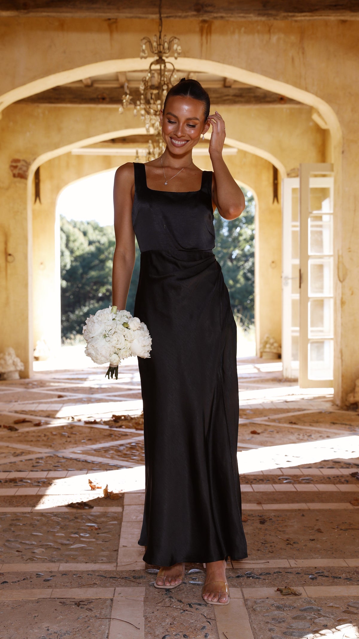 Satin Tank Strap Square Back High Slit Slip Maxi Dress