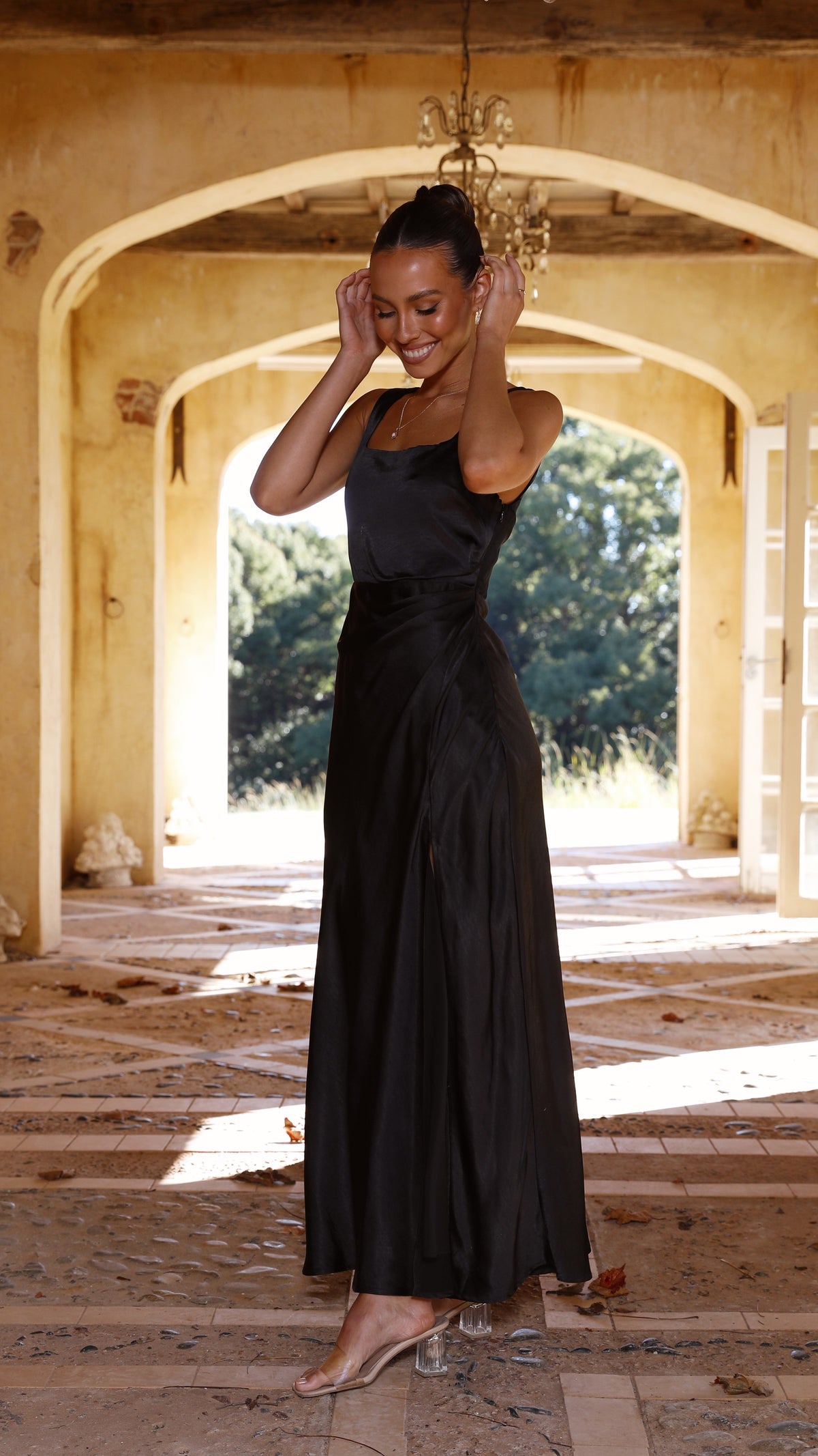 Satin Tank Strap Square Back High Slit Slip Maxi Dress
