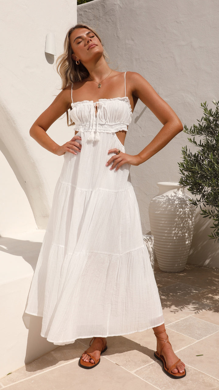 Ruched Ruffle Trim Tie Front Side Cut Out Tiered Spaghetti Strap Maxi Dress