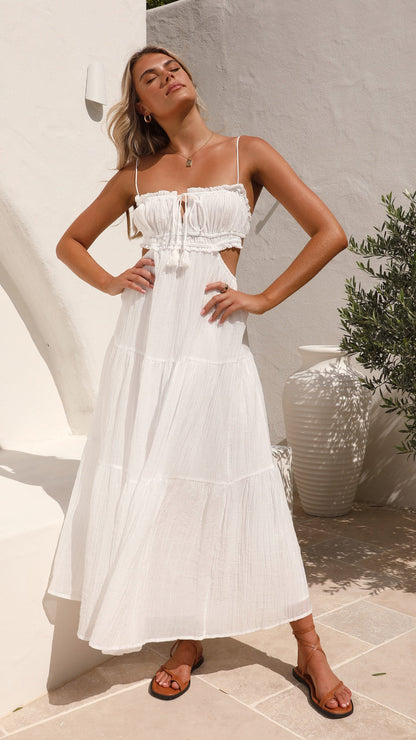 Spaghetti Strap Drawstring Tie Side Cut Out Tiered Maxi Dress