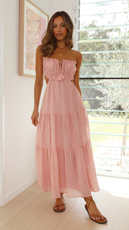 Ruched Ruffle Trim Tie Front Side Cut Out Tiered Spaghetti Strap Maxi Dress