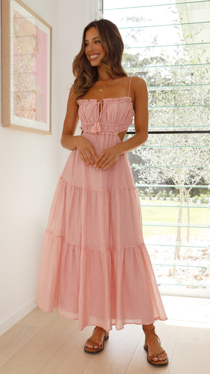 Ruched Ruffle Trim Tie Front Side Cut Out Tiered Spaghetti Strap Maxi Dress