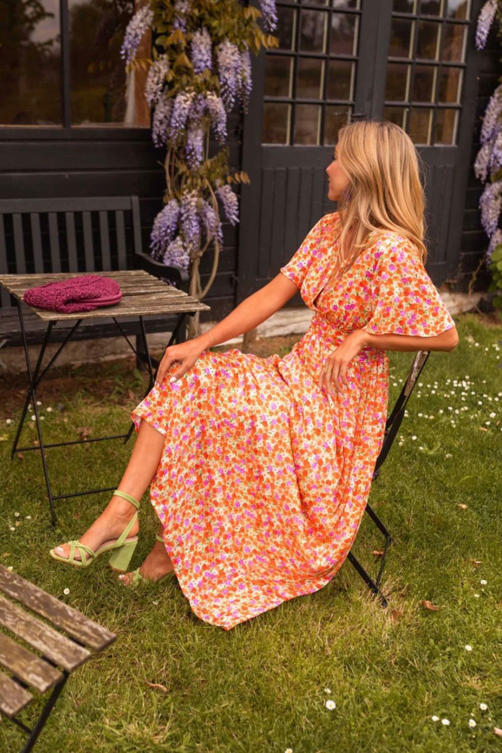V Neck Flutter Sleeve Smocked Waist Pleated Floral Print Maxi Dress