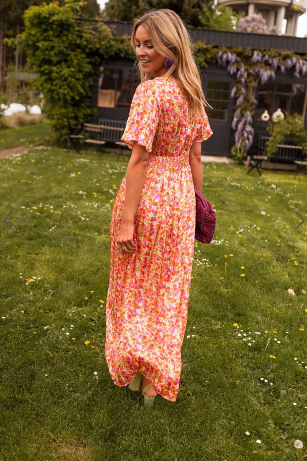 V Neck Flutter Sleeve Smocked Waist Pleated Floral Print Maxi Dress