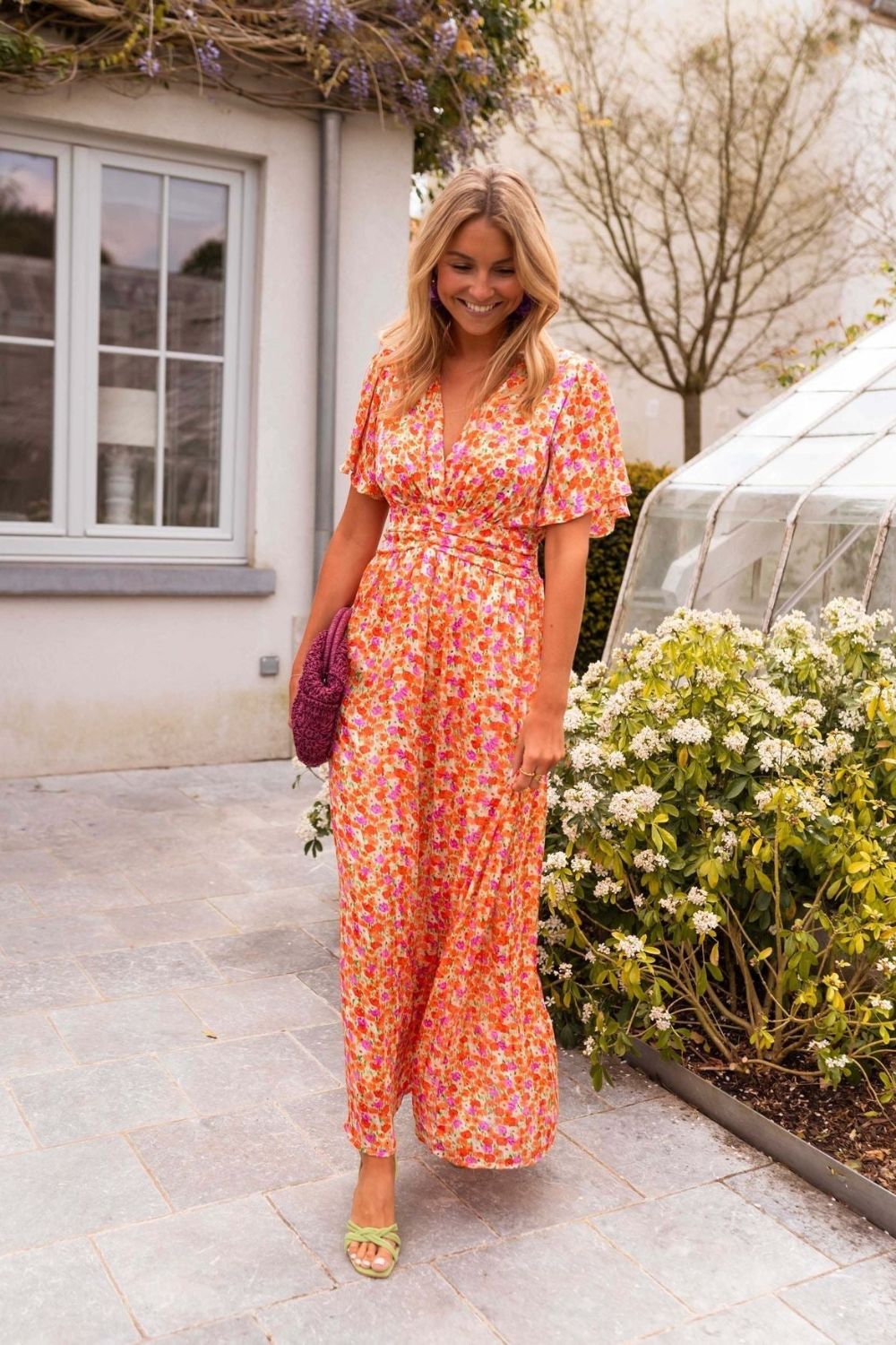 V Neck Flutter Sleeve Smocked Waist Pleated Floral Print Maxi Dress