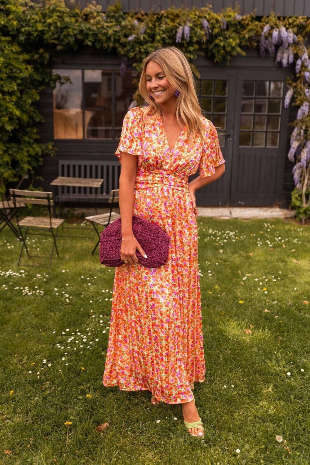 V Neck Flutter Sleeve Smocked Waist Pleated Floral Print Maxi Dress