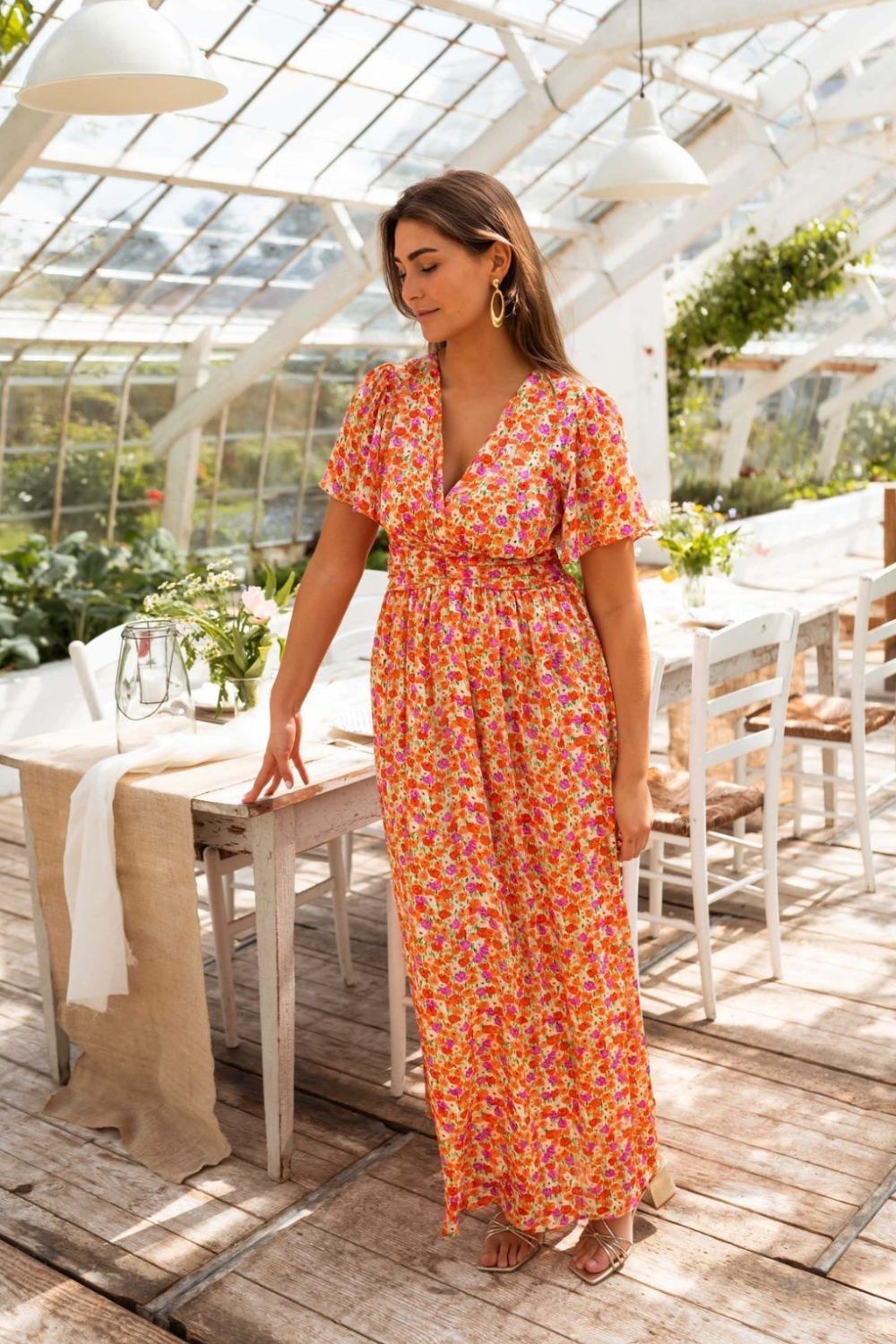 V Neck Flutter Sleeve Smocked Waist Pleated Floral Print Maxi Dress