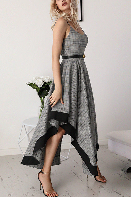 Spaghetti Strap Plaid Handkerchief Hem Belted Maxi Dress