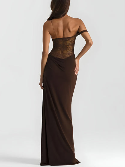 Lace Corset Sweetheart Cold-Shoulder Draped Waist Column Maxi Gown