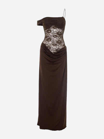 Lace Corset Sweetheart Cold-Shoulder Draped Waist Column Maxi Gown