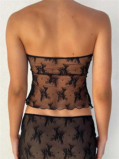 Lace Bustiers Corsets Strapless Off Shoulder Tubes Party Mesh See Through Tank Summer Mini Vest New Tank top