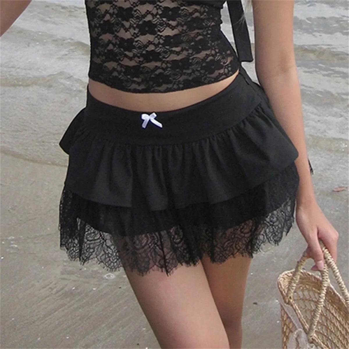 Lace Patchwork Preppy Black Skirt