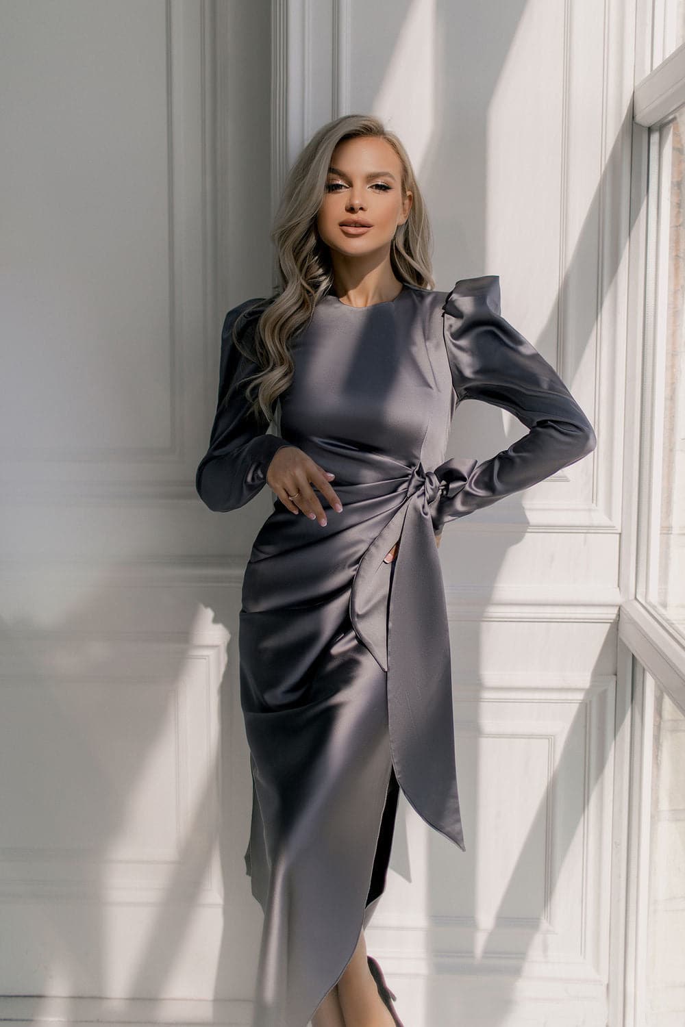 Crew Neck Puff Shoulder Side Tie Wrap Tulip Hem Satin Midi Dress