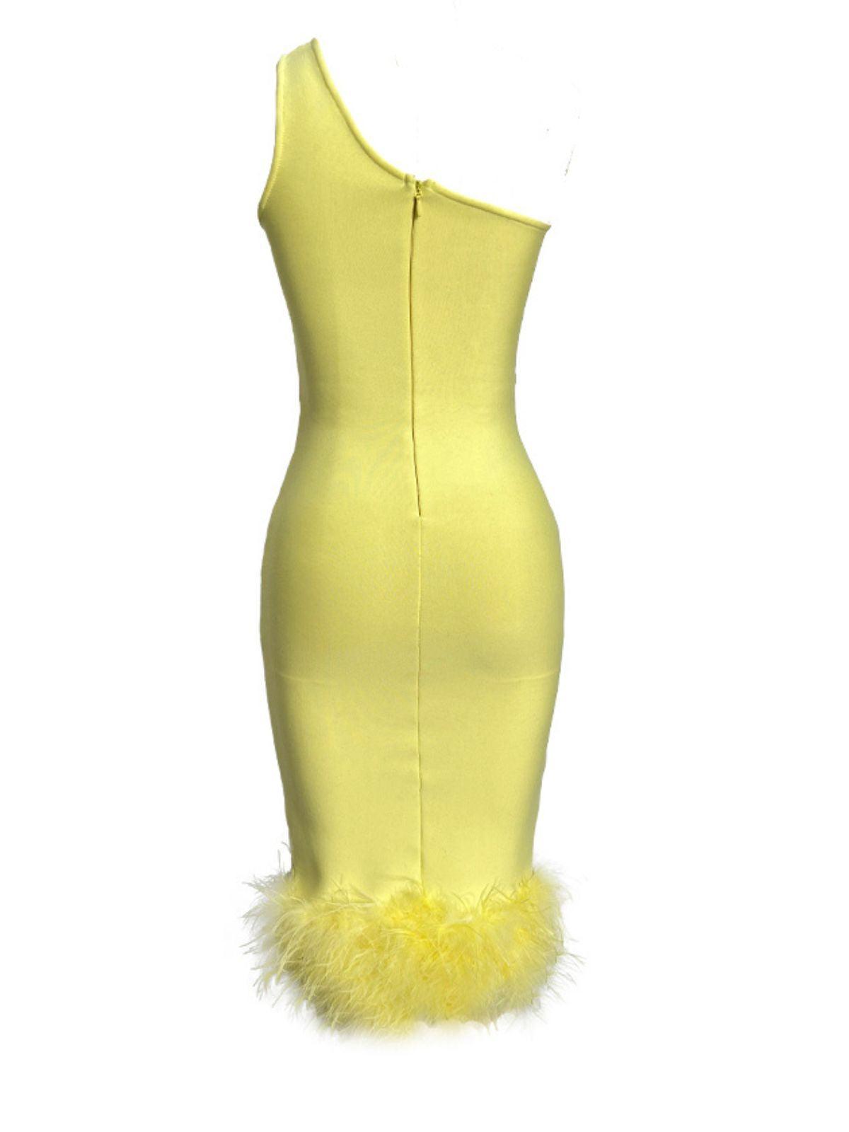 One Shoulder Bust Cutout Waist Cutout Feather Trim Bandage Midi Dress