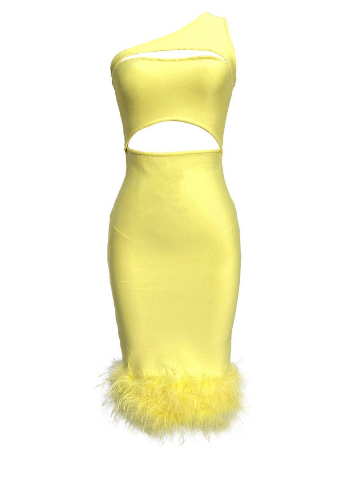 One Shoulder Bust Cutout Waist Cutout Feather Trim Bandage Midi Dress